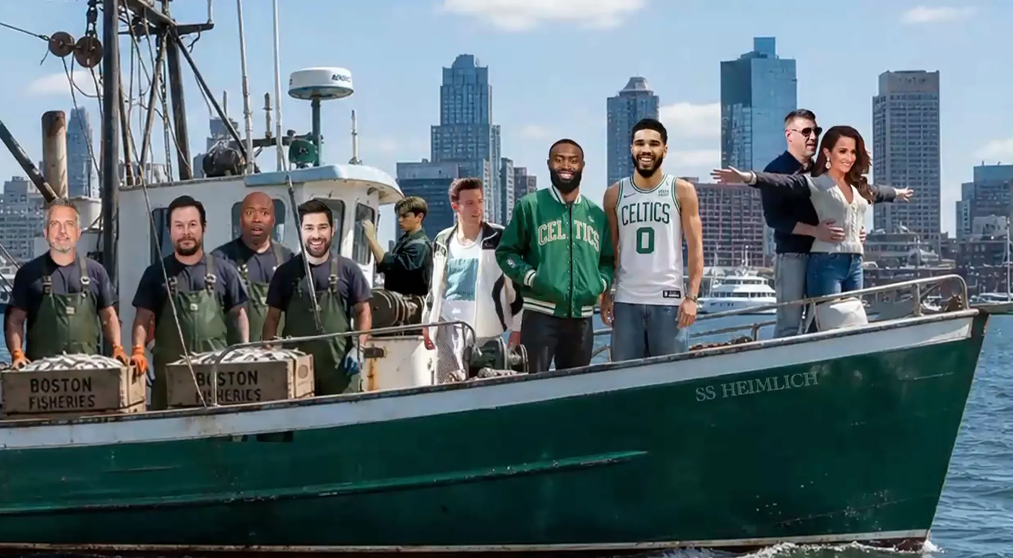 Collage of Mike Vrabel and Dianna Russini on a fishing boat in Boston.