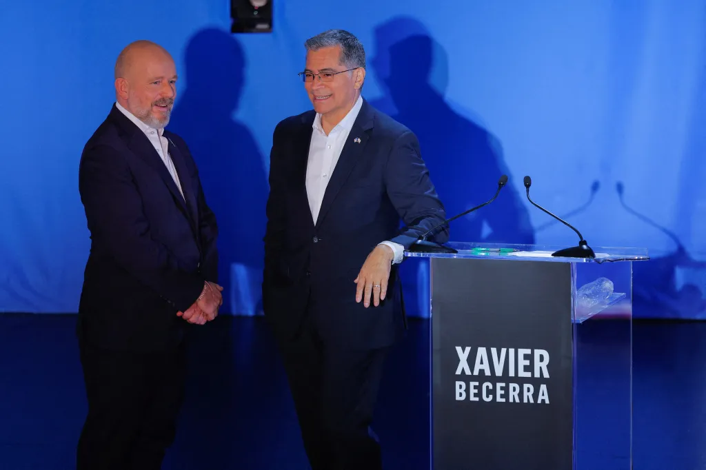 Xavier Becerra and Steve Hilton interact at the California gubernatorial debate.