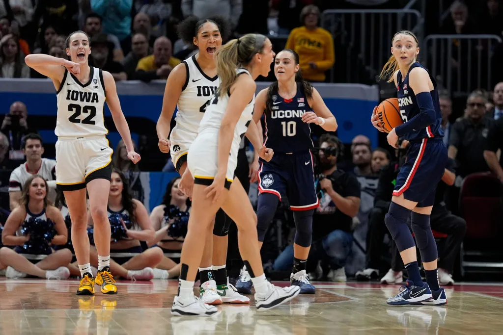 Iowa’s Gabbie Marshall reacts after UConn’s Aaliyah Edwards is called for an offensive foul during the NCAA Women's Final Four semifinals.