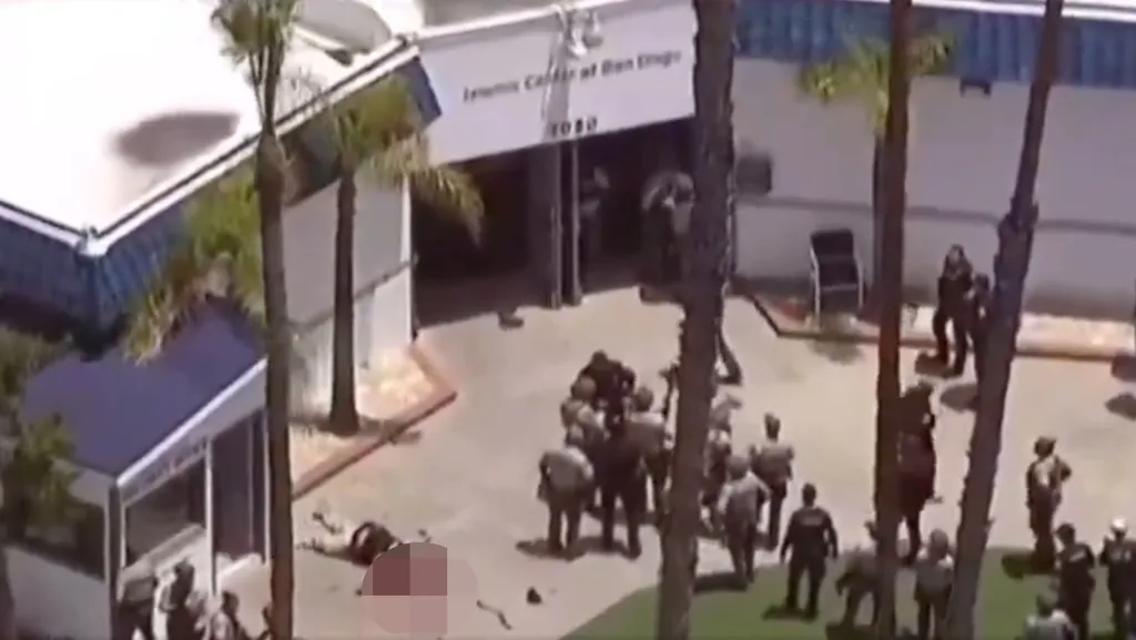 Aerial view of police responding to a shooting at the Islamic Center of San Diego.