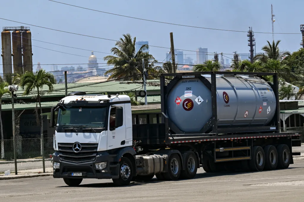 A truck carrying imported fuel leaves the Nico Lopez Refinery in Havana, Cuba, on April 30, 2026.