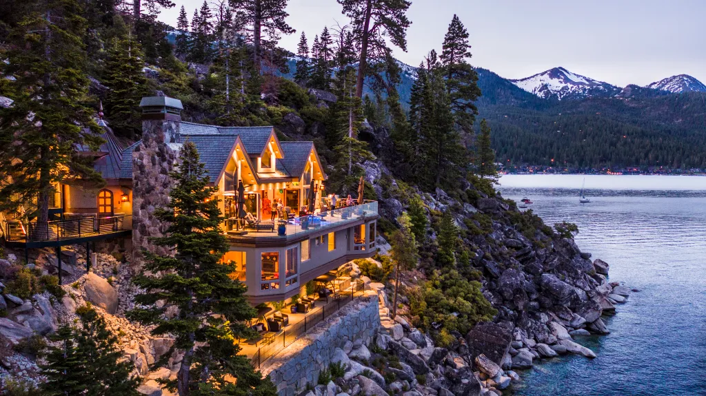 Aerial view of the Google co-founder's home on the rocky shore of Lake Tahoe.