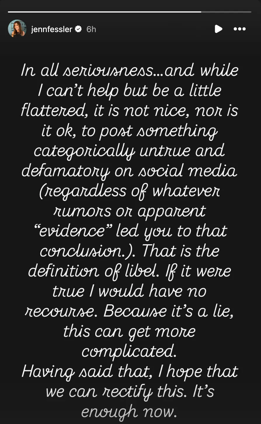 Screenshot of an Instagram Story from jennfessler, addressing a claim as 