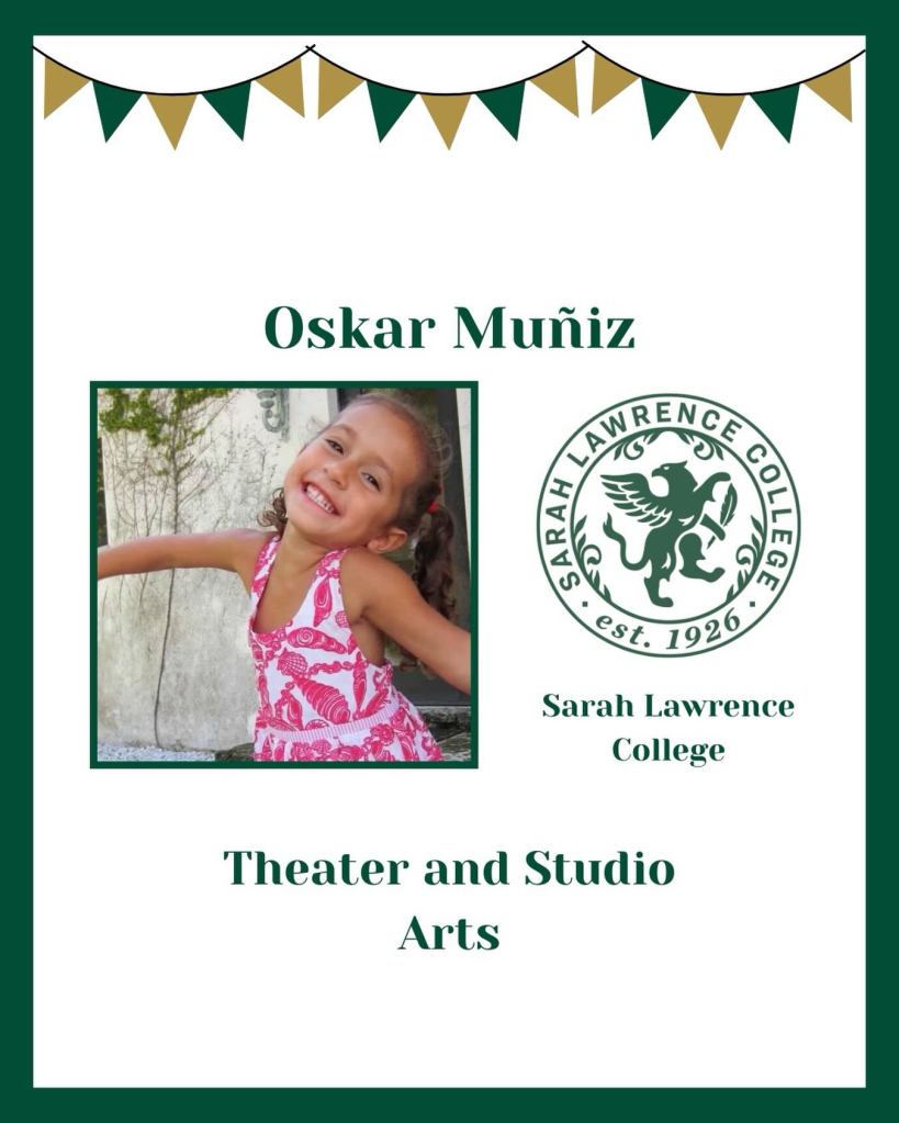 Illustration of Oskar Muñiz's graduation announcement for Sarah Lawrence College, majoring in Theater and Studio Arts.