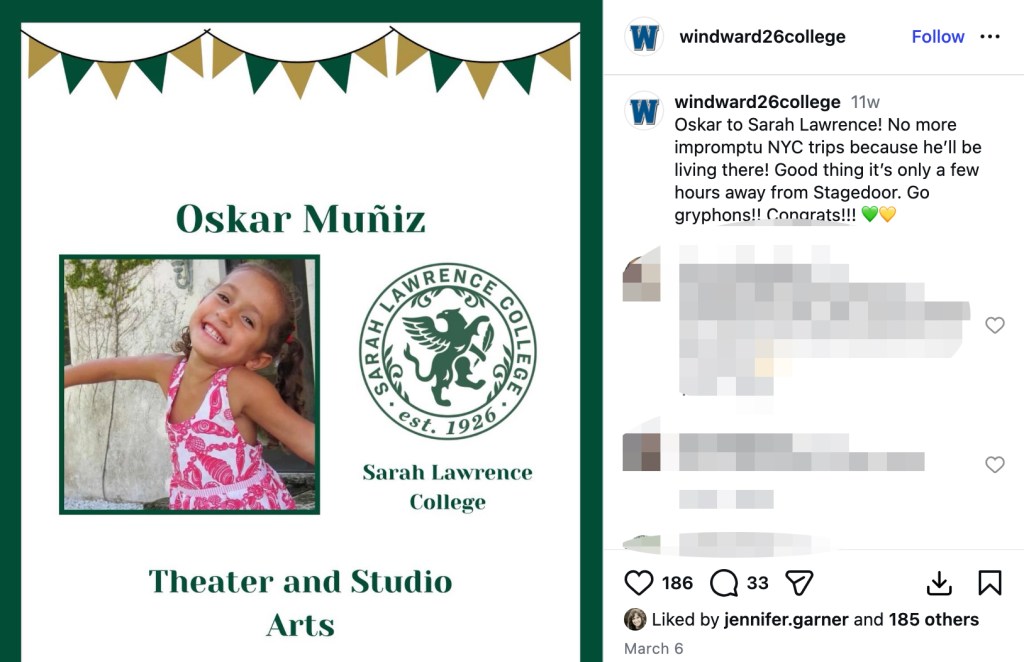 An Instagram post announcing Oskar Muñiz's admission to Sarah Lawrence College for Theater and Studio Arts, with a childhood photo of Oskar and the college's emblem.