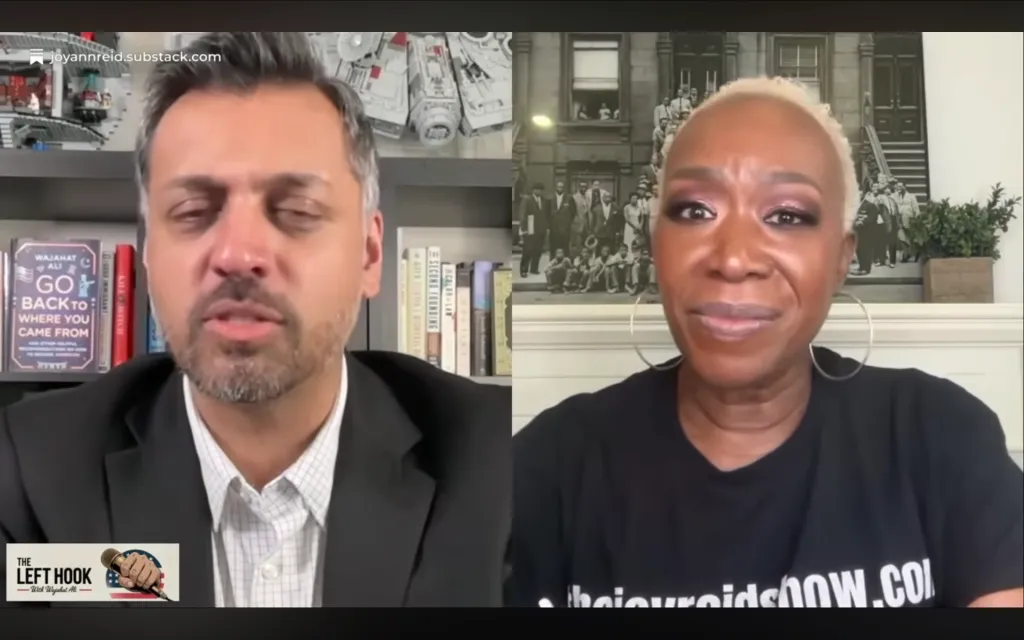 Split screen showing two people engaged in a video call. On the left, a man with a beard and dark suit. On the right, a woman with short blonde hair and large hoop earrings.