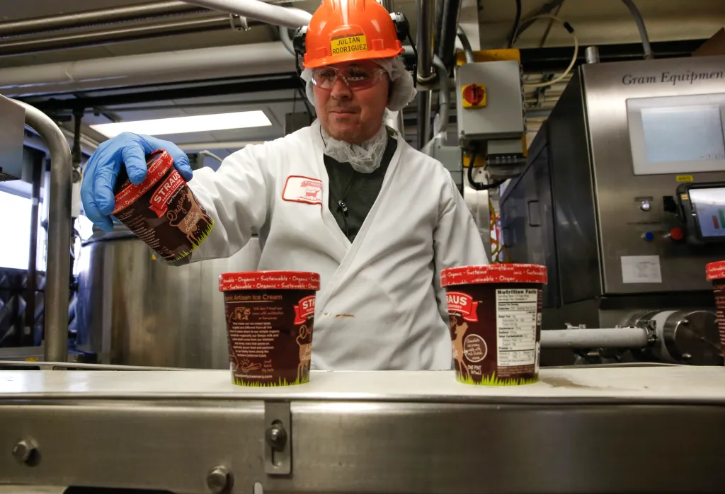 Julian Rodriguez working the production line where pints of organic non-GMO Dutch chocolate ice cream are being produced at Straus Family Creamery.