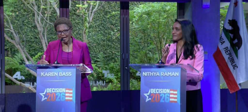 Karen Bass and Nithya Raman at a 
