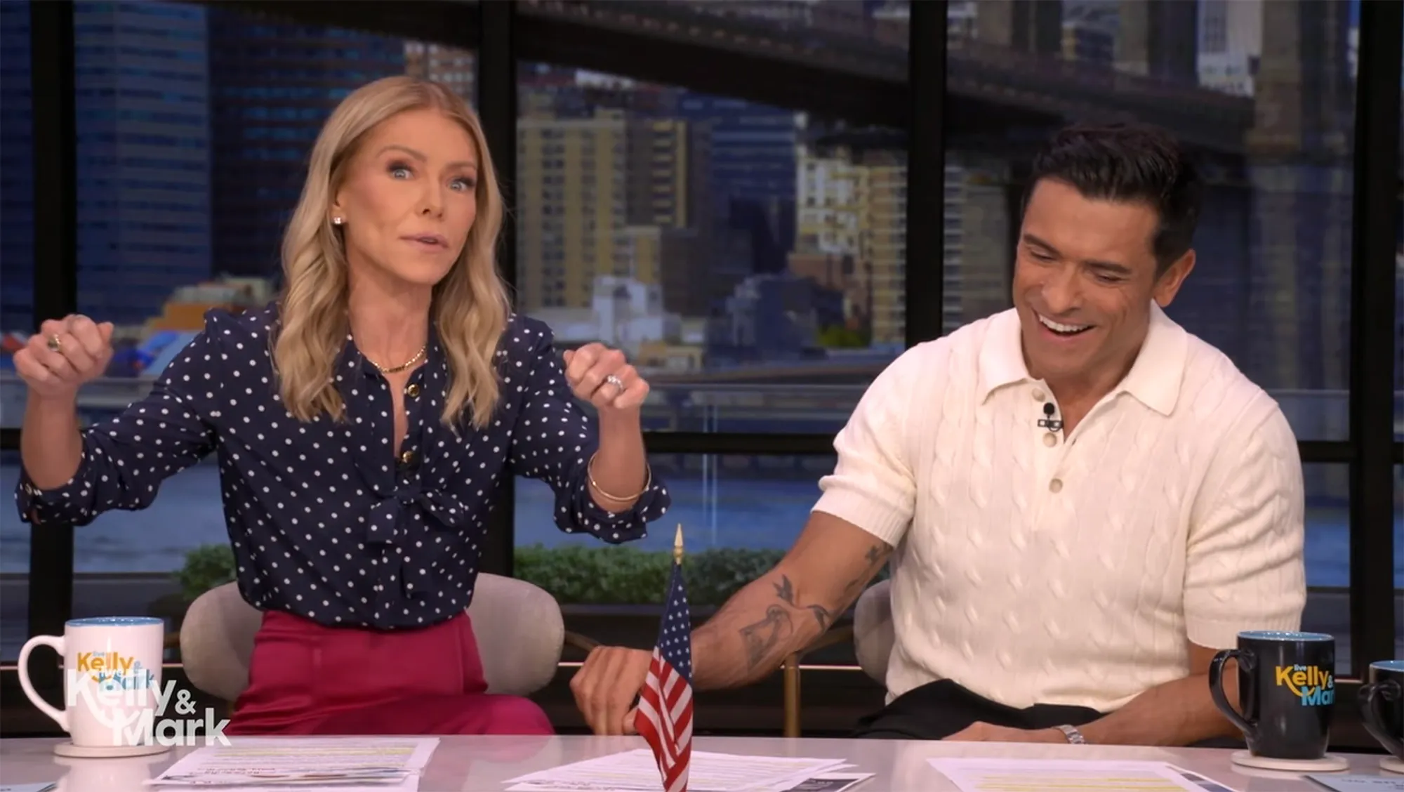 Kelly Ripa and Mark Consuelos on the show Live with Kelly and Mark.