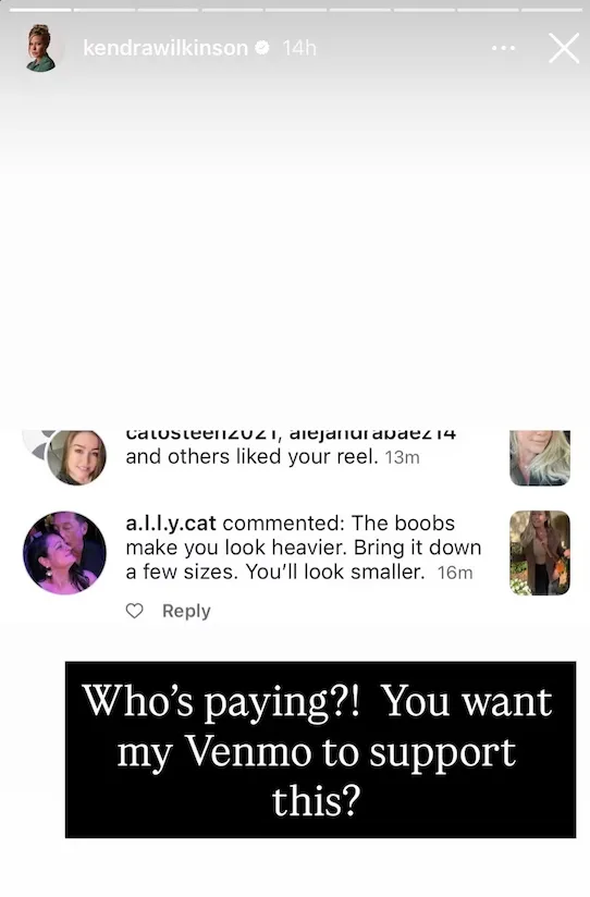 Kendra Wilkinson's Instagram story showing a body-shaming comment and her response: 
