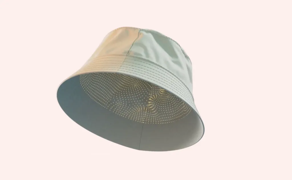 Illustration of a light blue bucket hat with the inside of the brim lined with small yellow lights in a pattern.