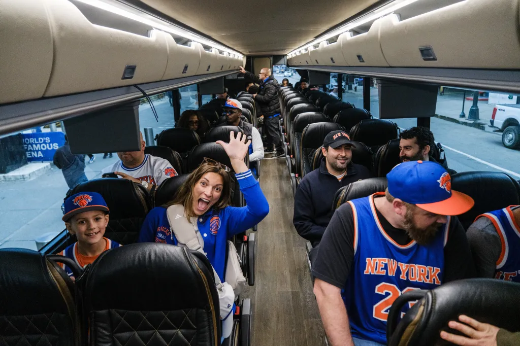 Knicks fans on a charter bus to Philadelphia.
