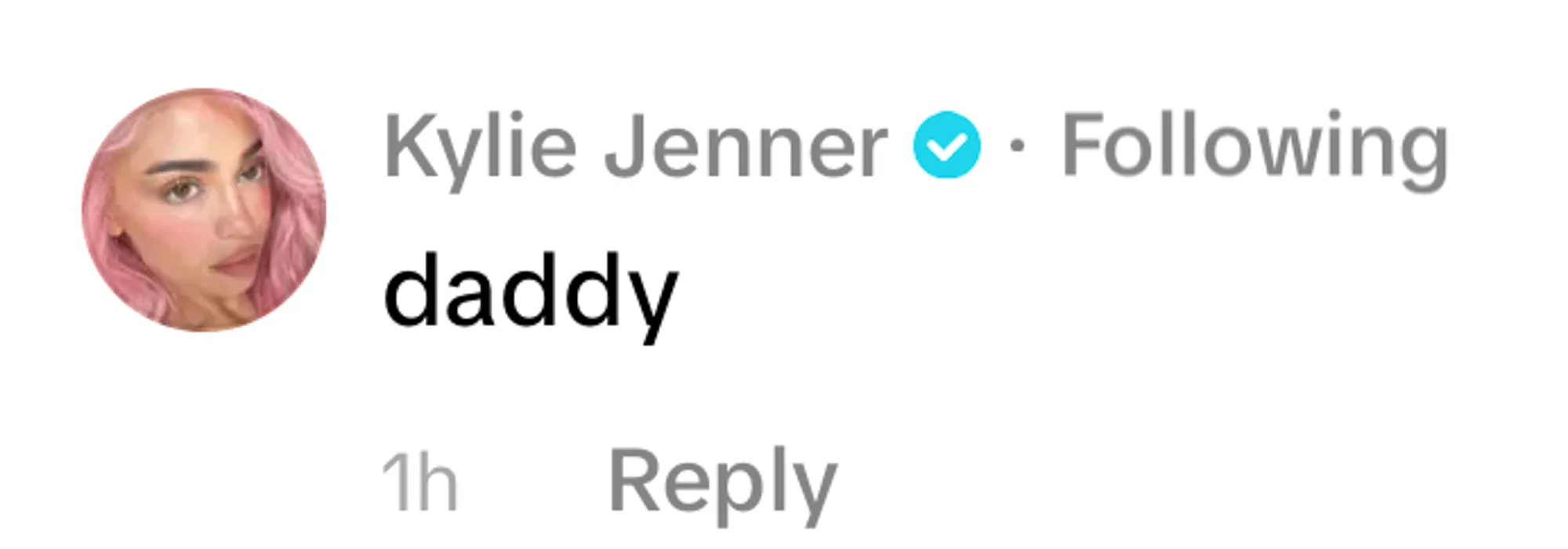 Screenshot of Kylie Jenner's verified account commenting 
