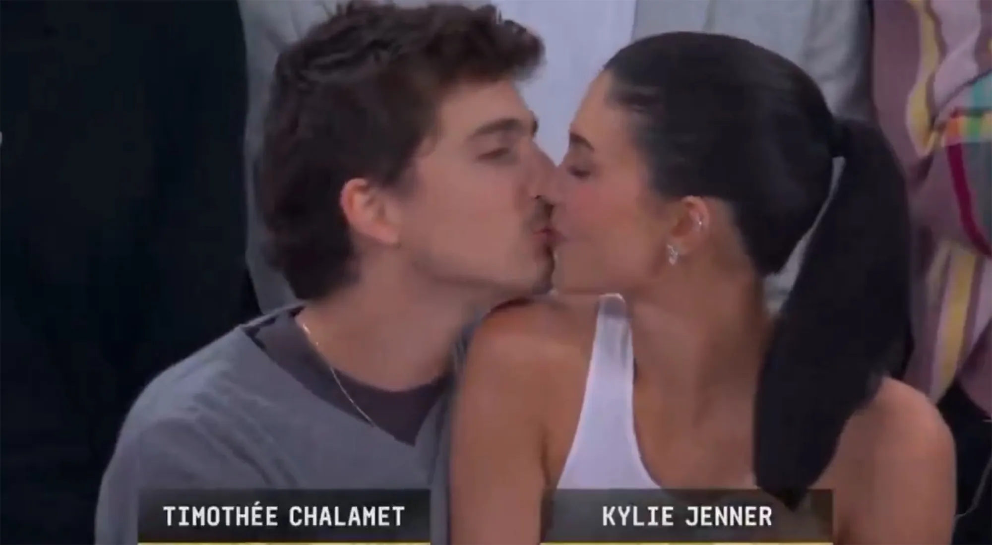 Timothée Chalamet and Kylie Jenner share a kiss.