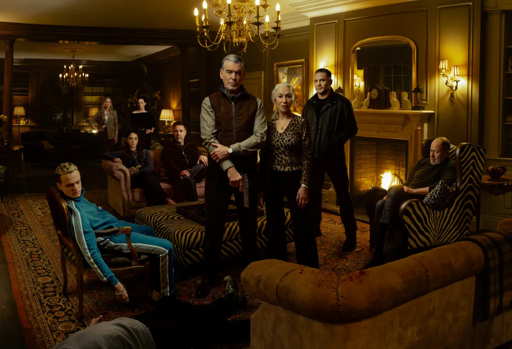 A group portrait of the Mobland cast including Pierce Brosnan, Helen Mirren, and Tom Hardy.