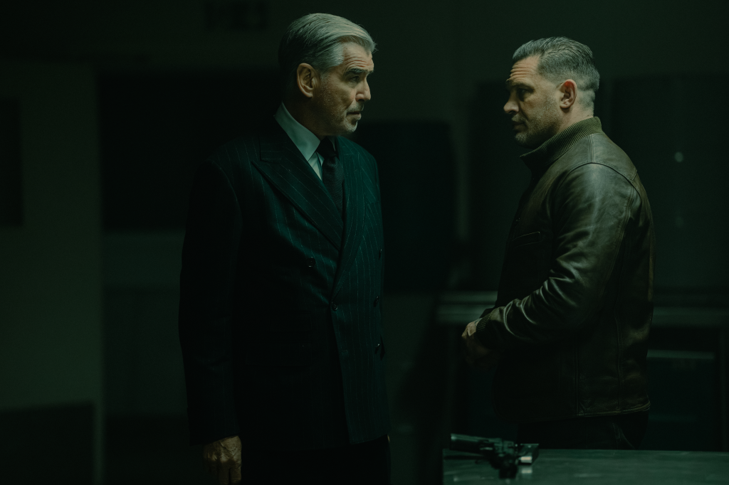 Pierce Brosnan as Conrad Harrigan and Tom Hardy as Harry Da Souza in Mobland.