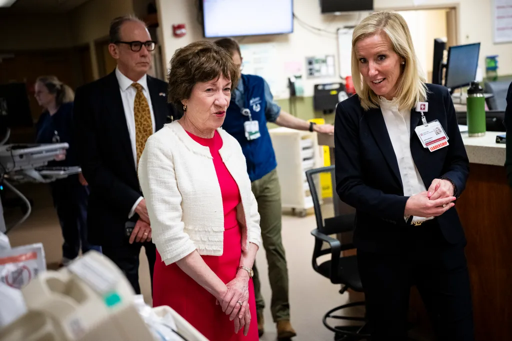 Senator Susan Collins (left) speaks with Stephany Jacques, President of Bridgton and Rumford Hospitals, during a hospital tour.