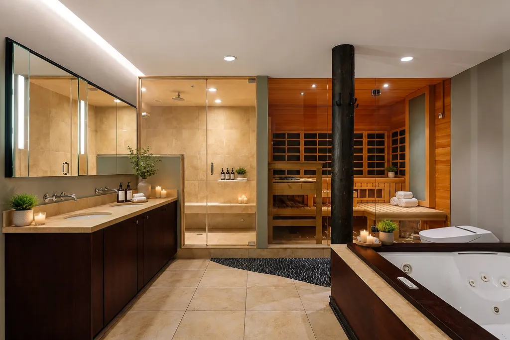 Each bedroom suite was designed to feel like a luxury spa and includes oversized Jacuzzis, sauna features and steam-room-style showers.