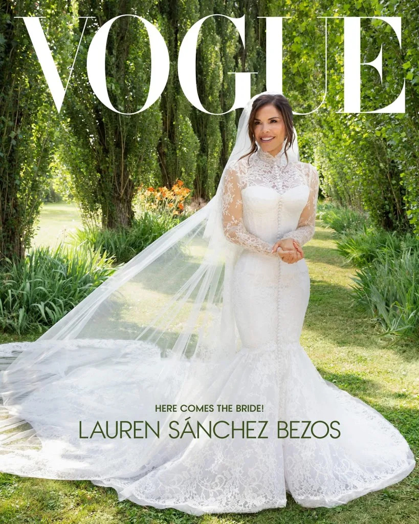 Lauren Sánchez on a digital Vogue cover, wearing a white lace wedding dress and veil.