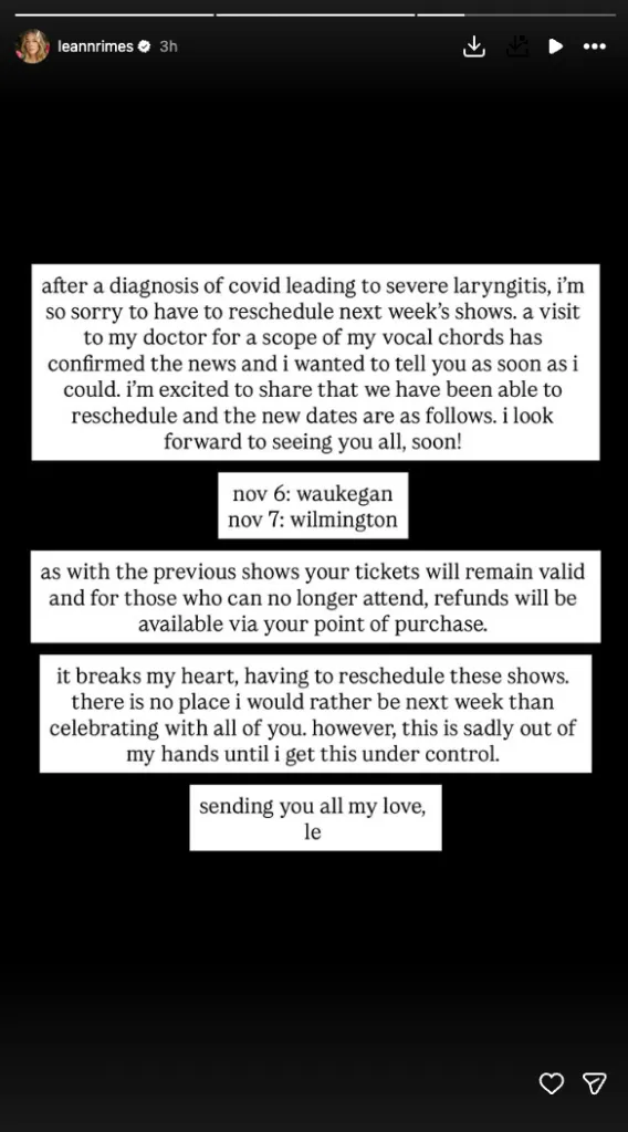 LeAnn Rimes' Instagram post announcing the rescheduling of shows due to COVID-19 and severe laryngitis.