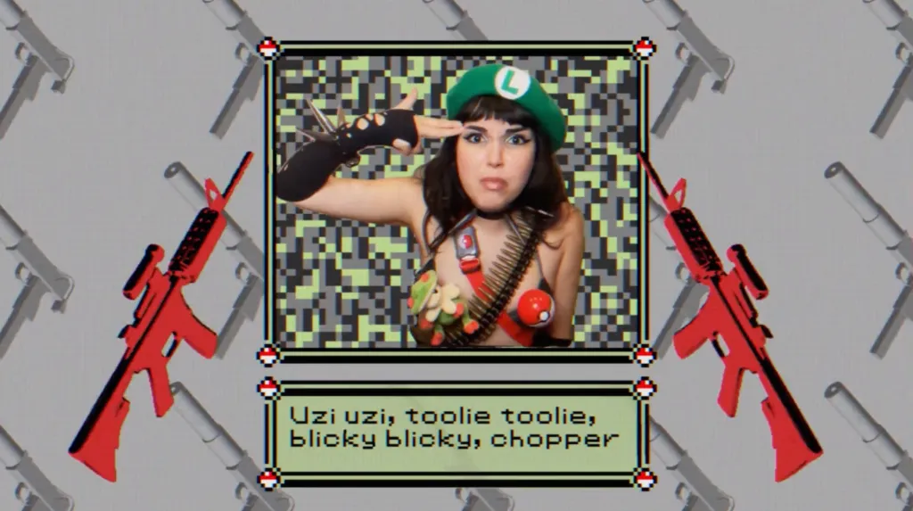 Illustration of Lena Weissbrot dressed as Luigi from Super Mario in a screenshot from her song