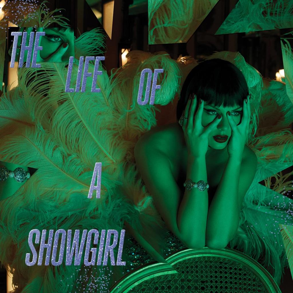 A showgirl in green lighting, with glittery text 