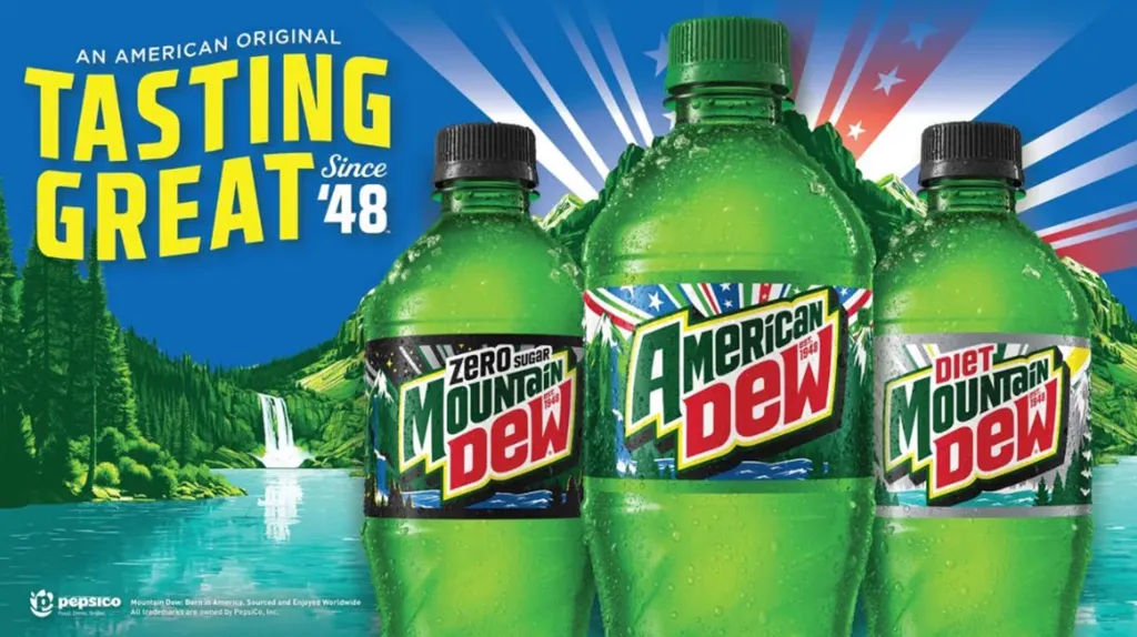 Illustration of three Mountain Dew bottles with patriotic 