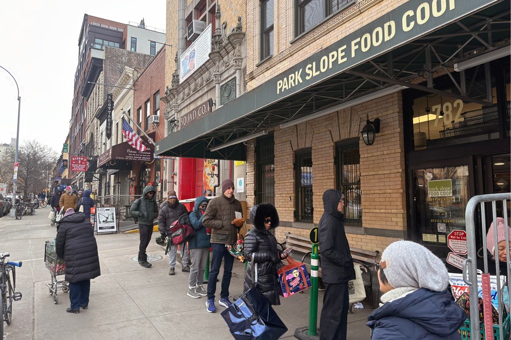 People in winter clothing queue outside the Park Slope Food Coop in preparation for a storm.