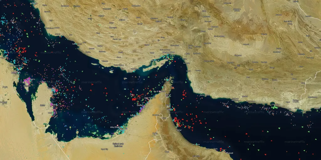 An illustration of marine traffic in the Strait of Hormuz.