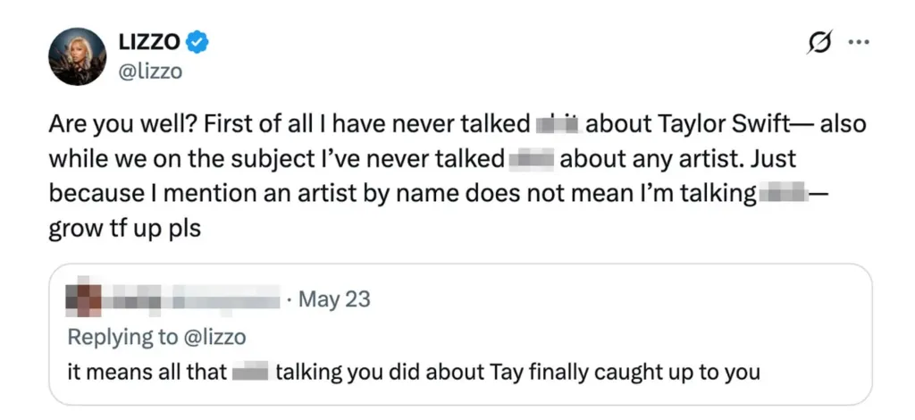 A screenshot of Lizzo's expletive-filled tweet denying that she badmouthed Taylor Swift or any other artist.