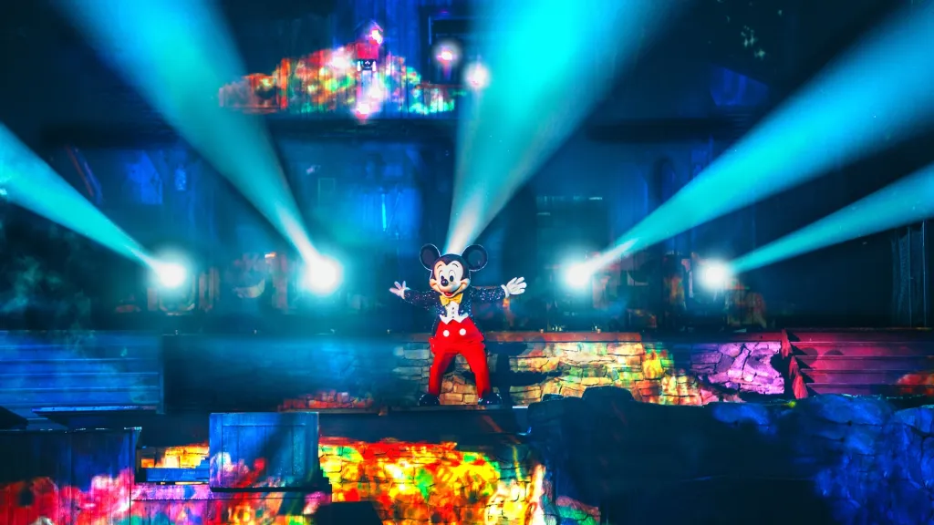 Mickey Mouse on stage at Disneyland Park's Fantasmic! show in Frontierland.
