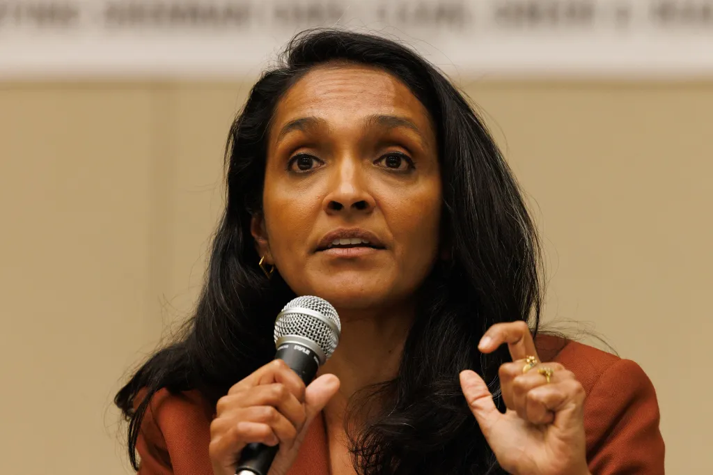 Nithya Raman speaking into a microphone.
