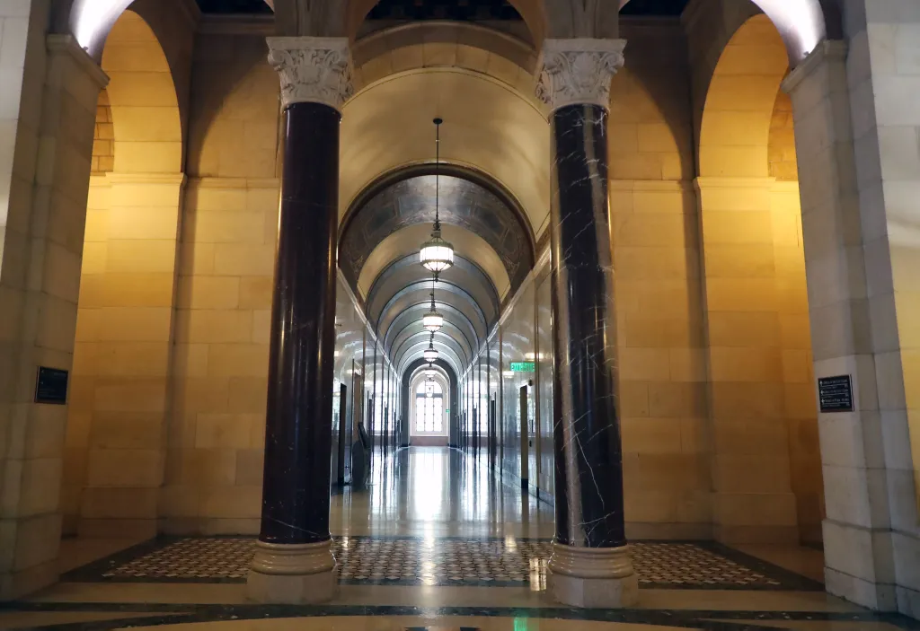 An empty hallway in the Los Angeles City Hall.