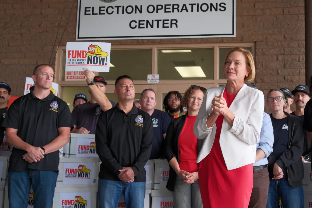 Councilwoman Traci Park speaking to Los Angeles firefighters and community members at an event to 