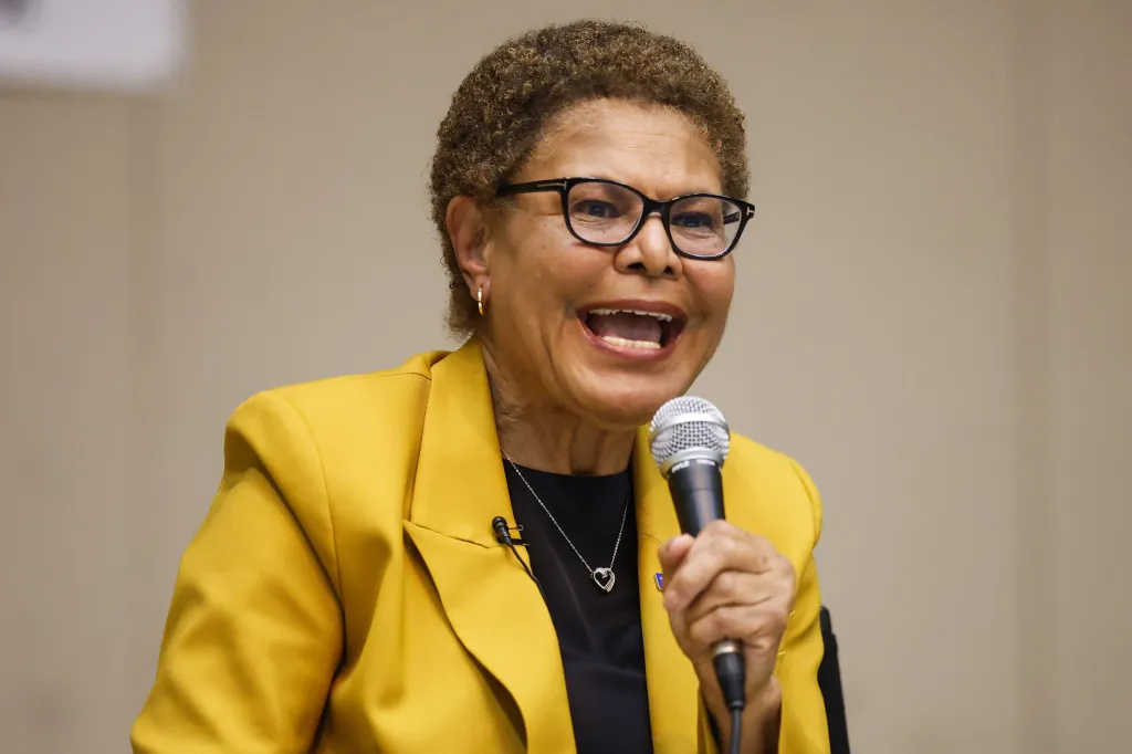 Los Angeles Mayor Karen Bass speaking into a microphone.