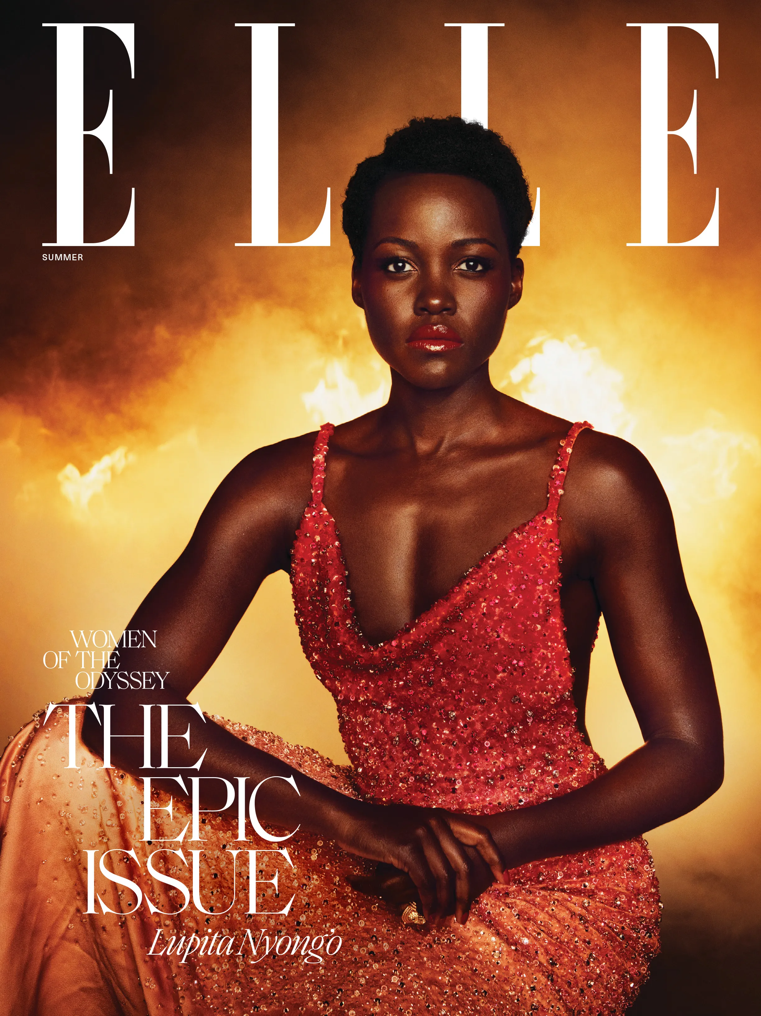 Lupita Nyong'o on the cover of Elle magazine, wearing a shimmering red and orange gown.