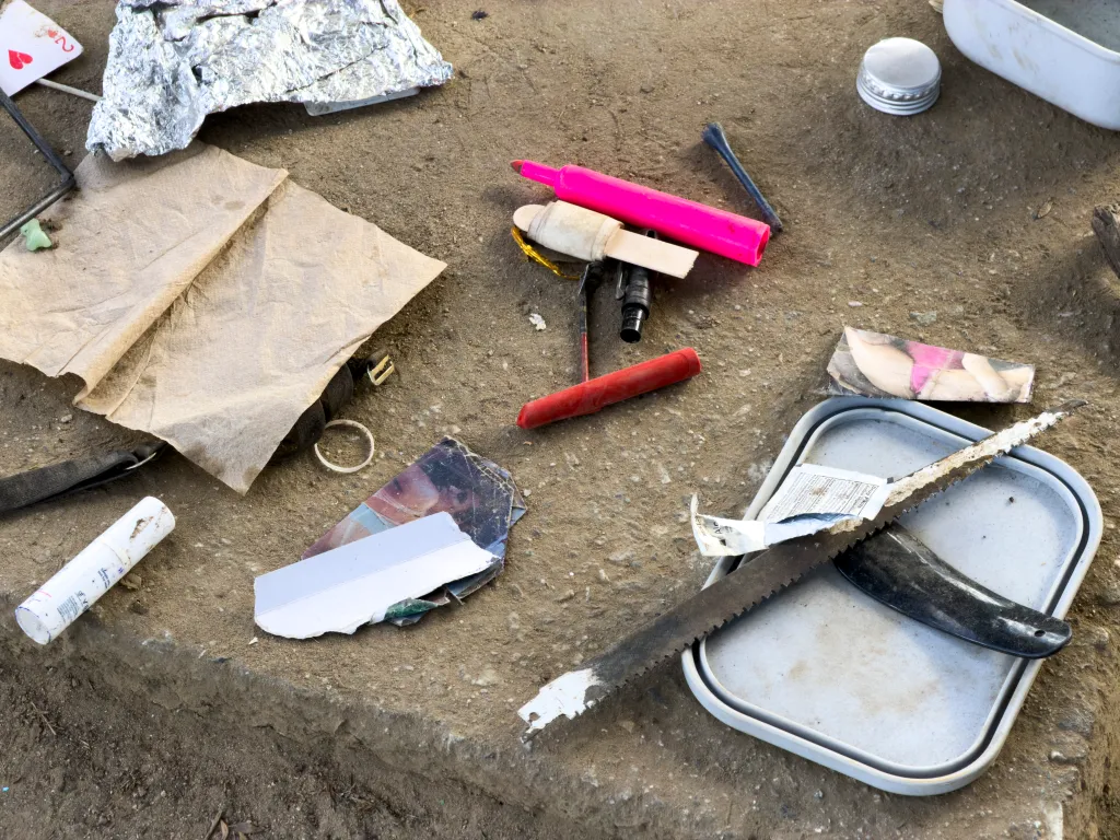 Various objects are scattered on the ground, including a playing card, tin foil, a pink marker, a red marker, a saw, a white plastic tube, and other debris.