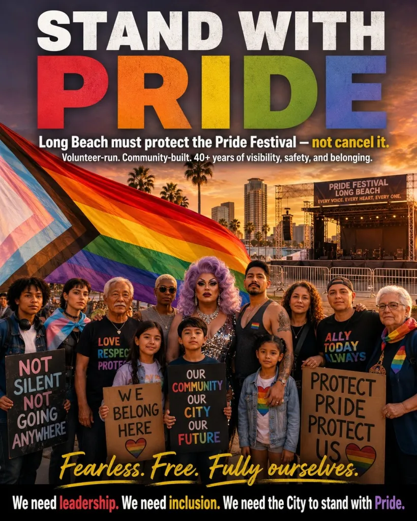 Illustration of people holding signs with pro-Pride messages in front of a large Pride flag.