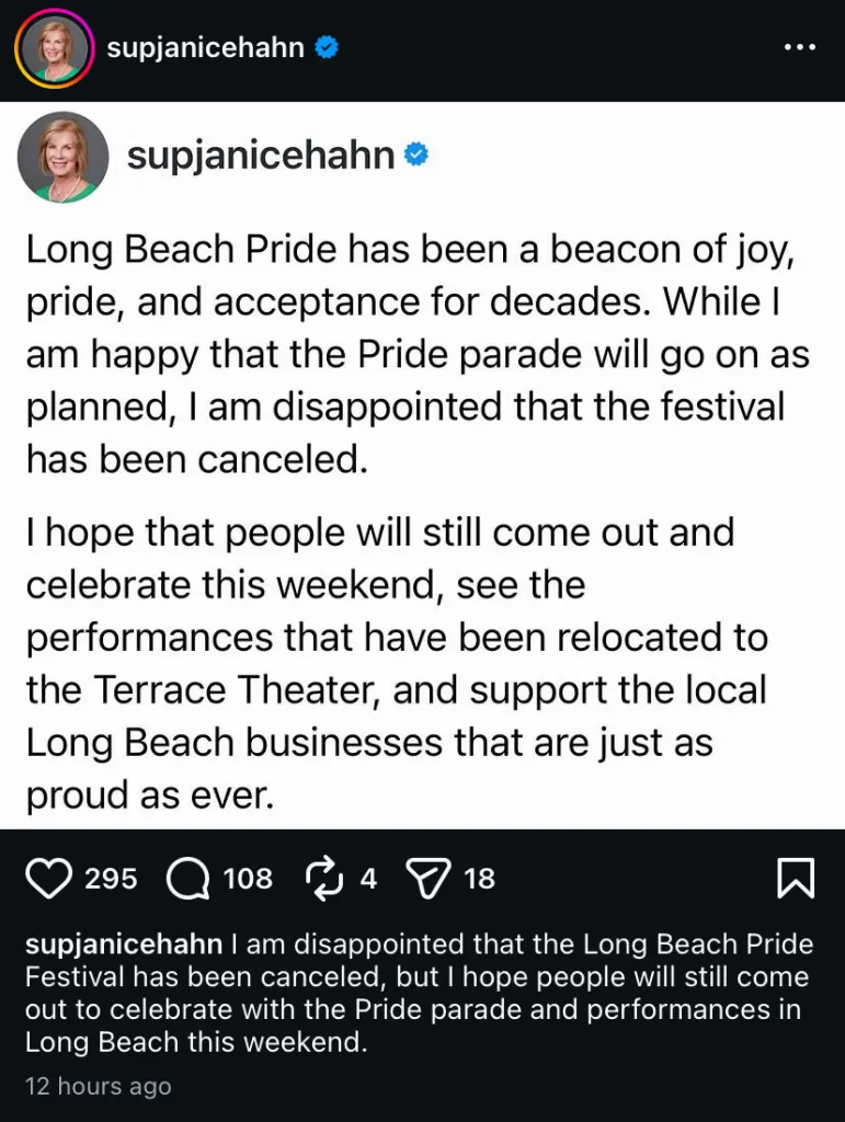 An Instagram post from @supjanicehahn discussing the Long Beach Pride festival cancellation.