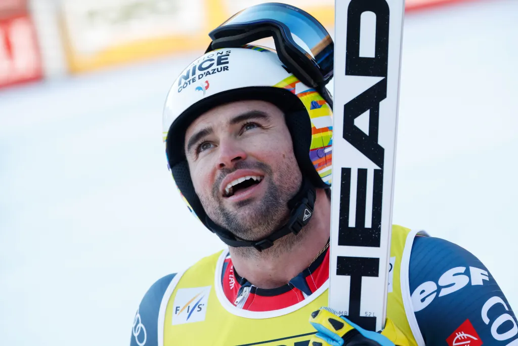 Matthieu Bailet of Team France reacts during the Audi FIS Alpine Ski World Cup Men's Super G.