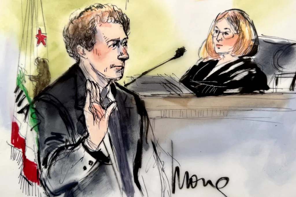 Illustration of Meta Platforms CEO Mark Zuckerberg being sworn in before Los Angeles Superior Court Judge Carolyn Kuhl during a trial.
