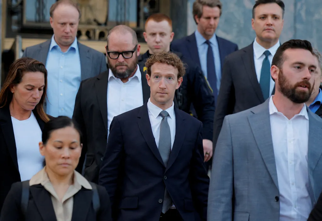 Meta Platforms CEO Mark Zuckerberg departs the court in Los Angeles.