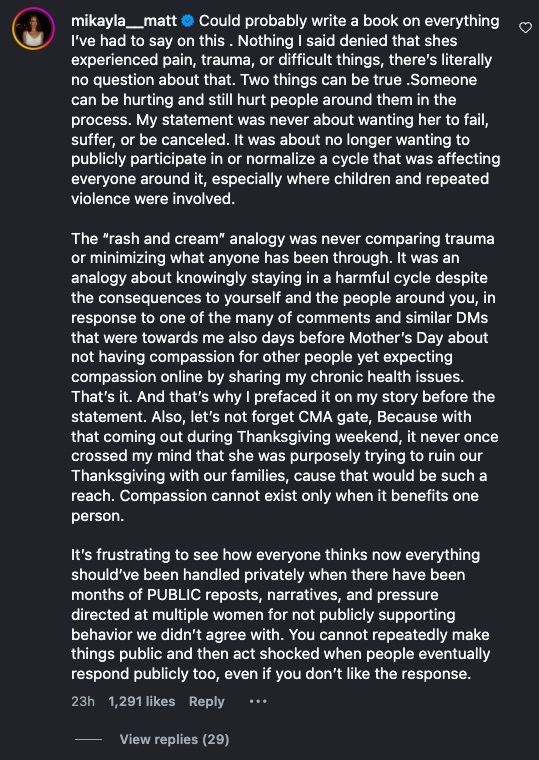 Mikayla Matthews' comment clarifying her post about a feud.
