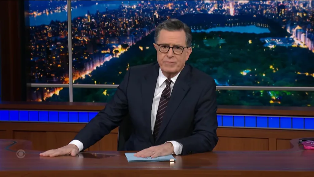 Stephen Colbert at his desk during the final week of The Late Show.
