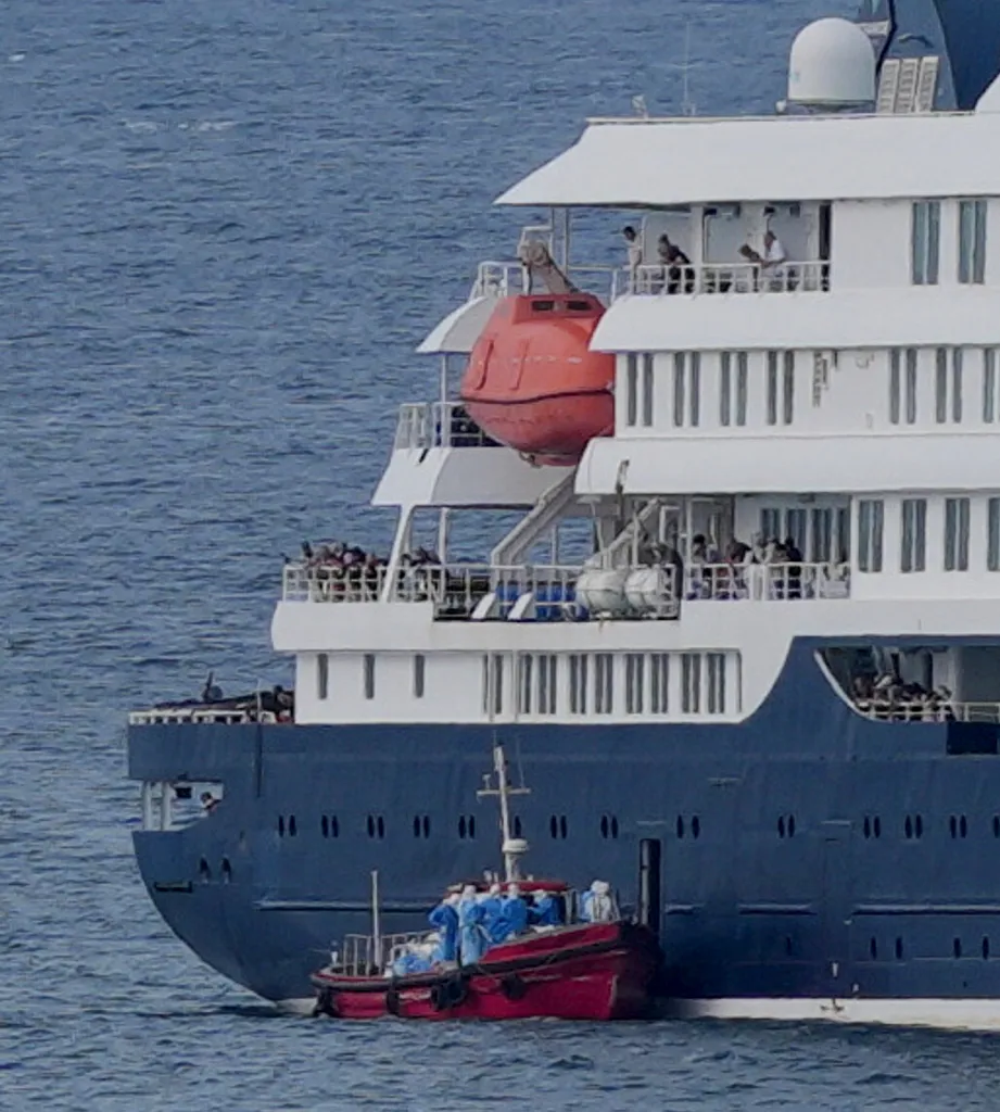The MV Hondius cruise ship is anchored at a port in Praia, Cape Verde, on May 6, 2026.