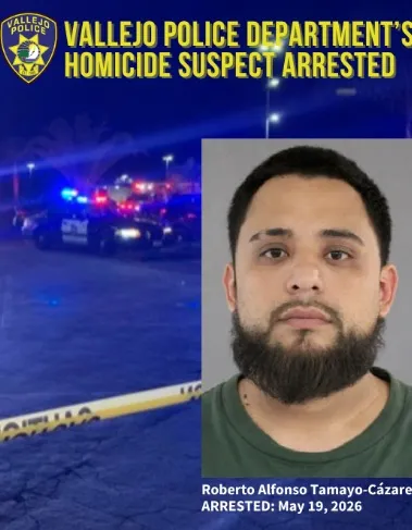 Collage of a crime scene with police cars and a mugshot of Roberto Alfonso Tamayo-Cazares, identified as a homicide suspect by the Vallejo Police Department.