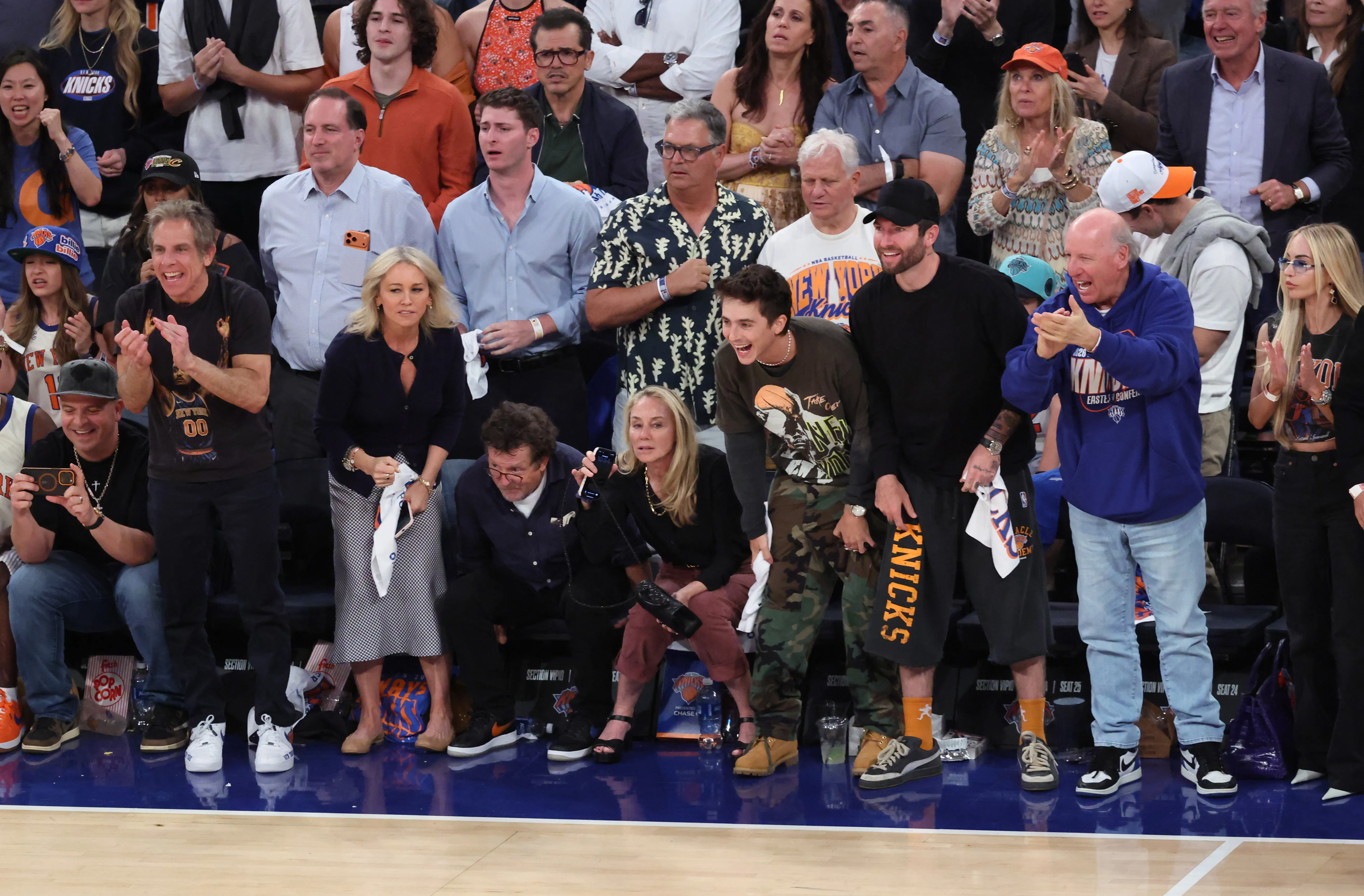 Timothée Chalamet and Ben Stiller among many other celebrities cheering on the New York Knicks at Madison Square Garden.