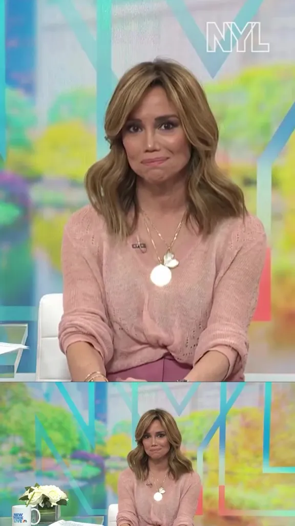 Collage of Sara Gore on NBC, appearing emotional with a pout and watery eyes, in a pink sweater and gold necklaces.
