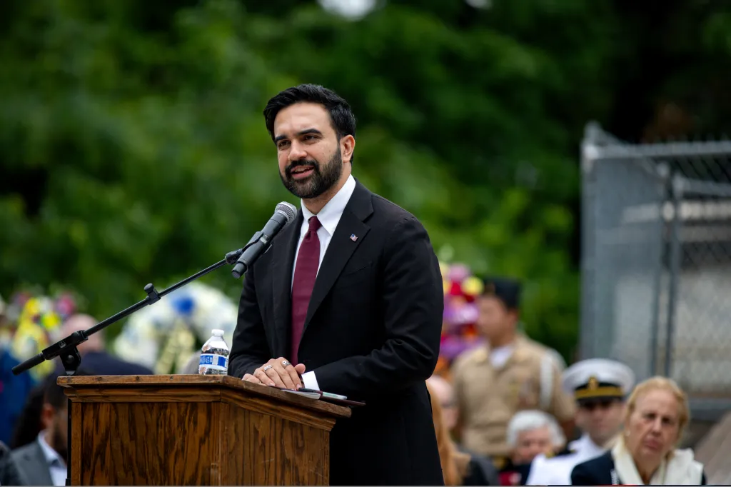 New York City Mayor Zorhan Mamdani speaks at the Soldiers' and Sailors' Memorial Association's Memorial Day event.