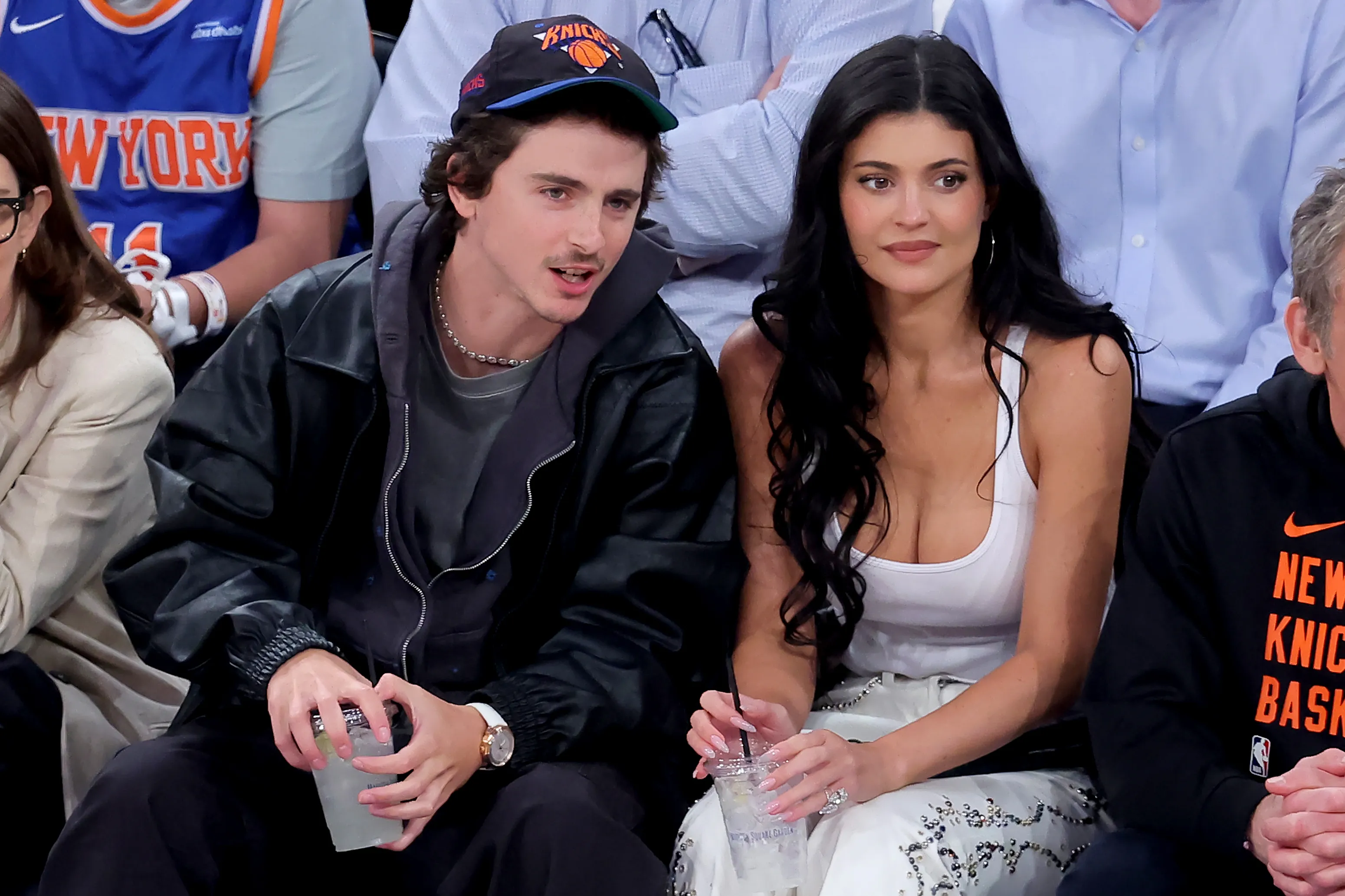 Timothée Chalamet and Kylie Jenner courtside at an NBA Playoffs game.